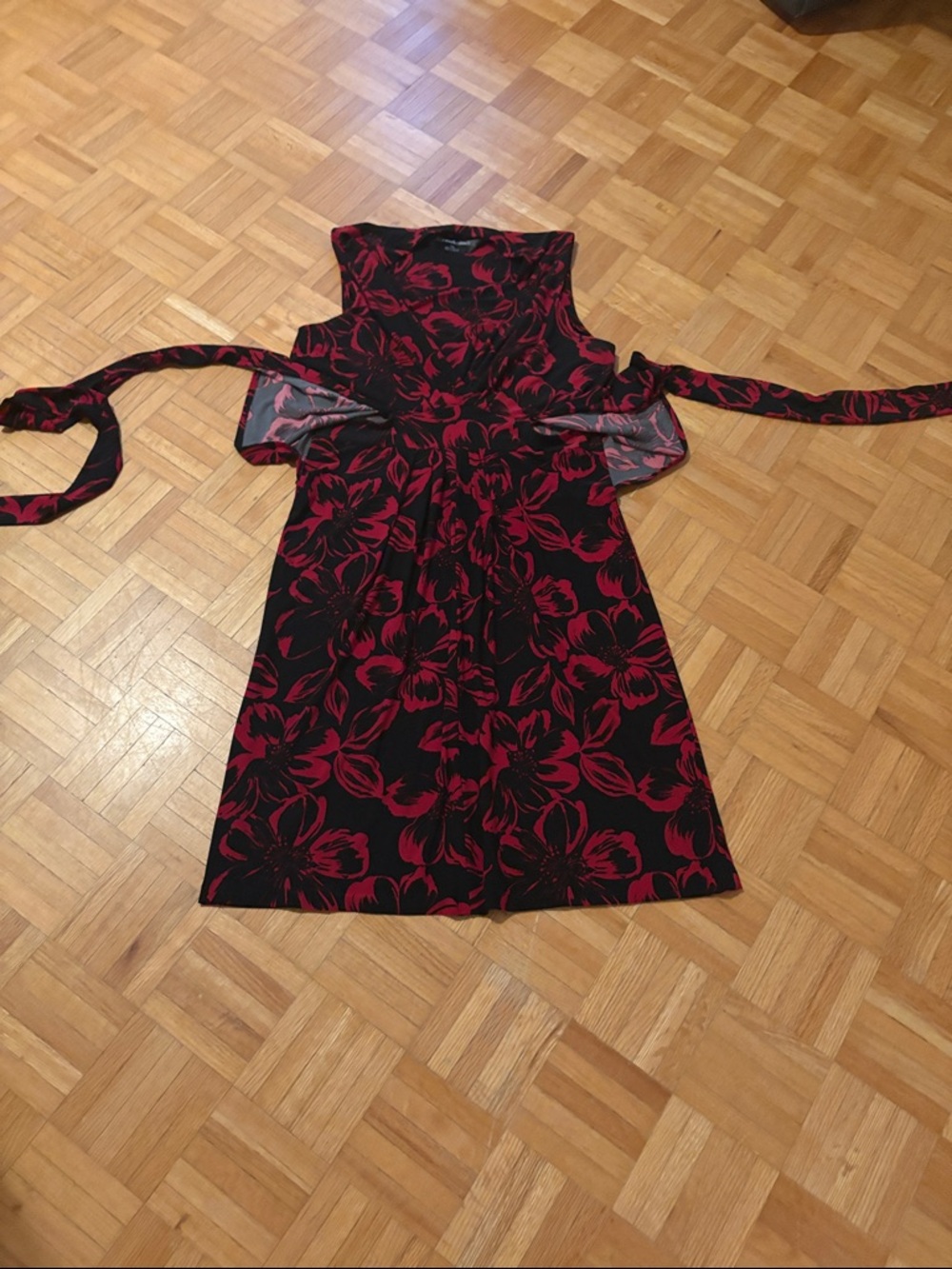 Norma Kamali Sleeveless Black Dress with Red Floral Print